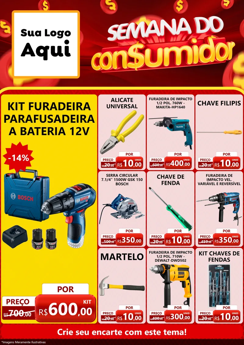 Modelo de Encarte para Encarte A4 Vertical com o tema Semana do Consumidor para Maquinas e Ferramentas