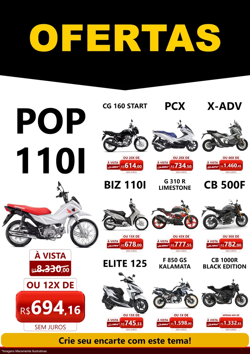 Modelo de Encarte para Encarte A4 Vertical com o tema Ofertas Preto e Vermelho Cartaz para Concessionaria de Motos