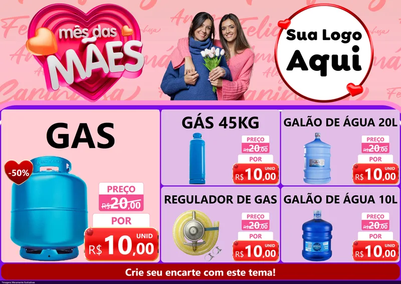 Modelo de Encarte para Encarte A4 Horizontal com o tema Mês Das Mães para Água e gás