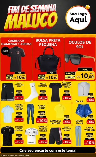 Modelo de Encarte para Encarte Grande com o tema Final de Semana Maluco para Roupas e acessórios
