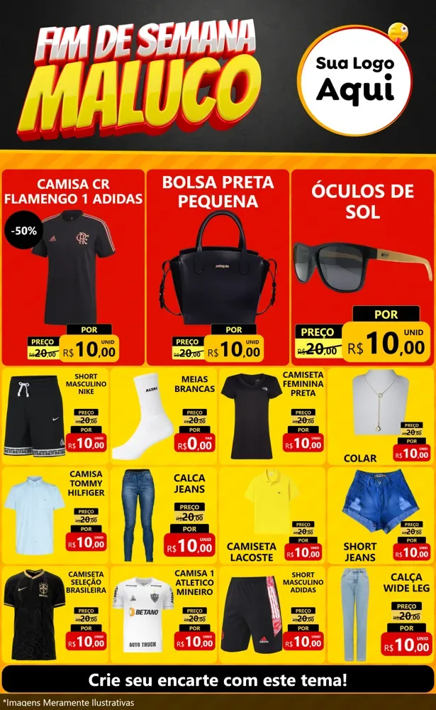 Modelo de Encarte para Encarte Grande com o tema Final de Semana Maluco para Roupas e acessórios