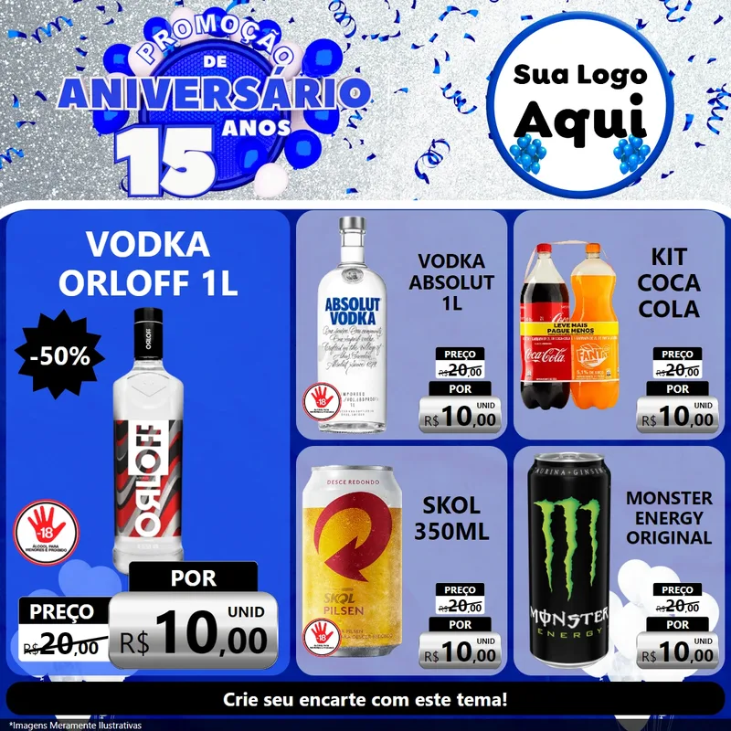 Modelo de Rede Social para Feed Facebook com o tema Promoção de Aniversário - 15 Anos para Distribuidora de bebidas