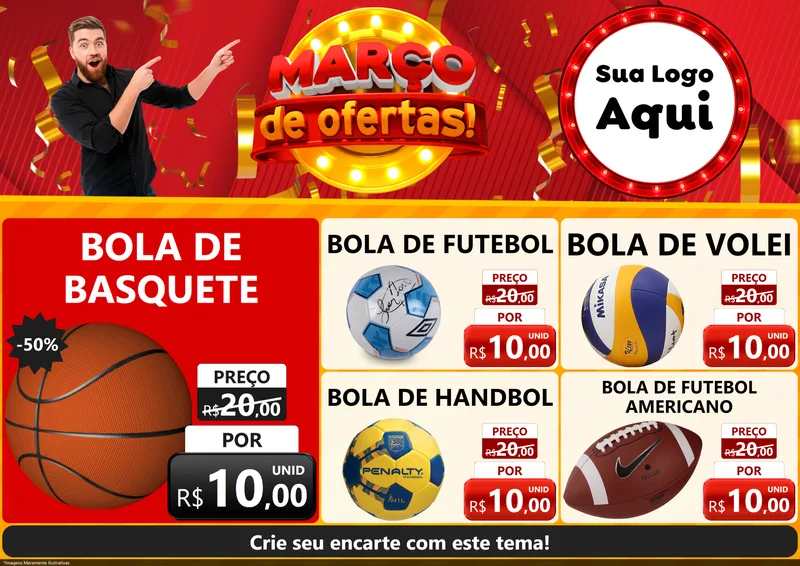 Modelo de Encarte para Encarte A4 Horizontal com o tema Março de Ofertas! para Artigos Esportivos