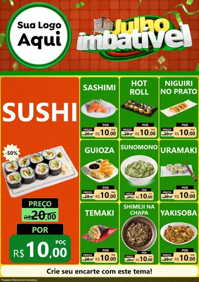 Modelo de Encarte para Encarte A4 Vertical com o tema Julho Imbatível para Comida japonesa