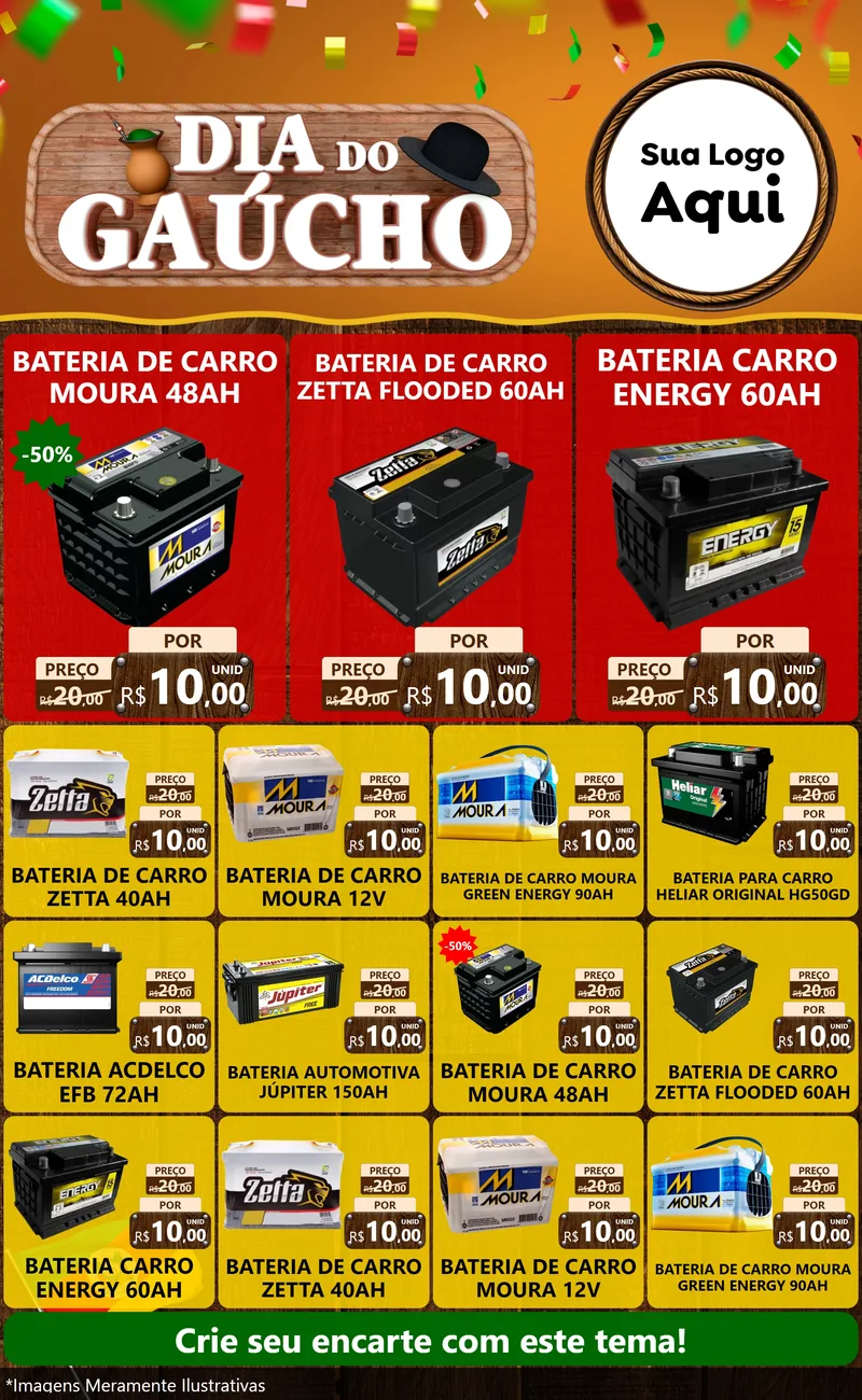 Modelo de Encarte para Encarte Grande com o tema Dia do Gaúcho para Baterias Elétricas