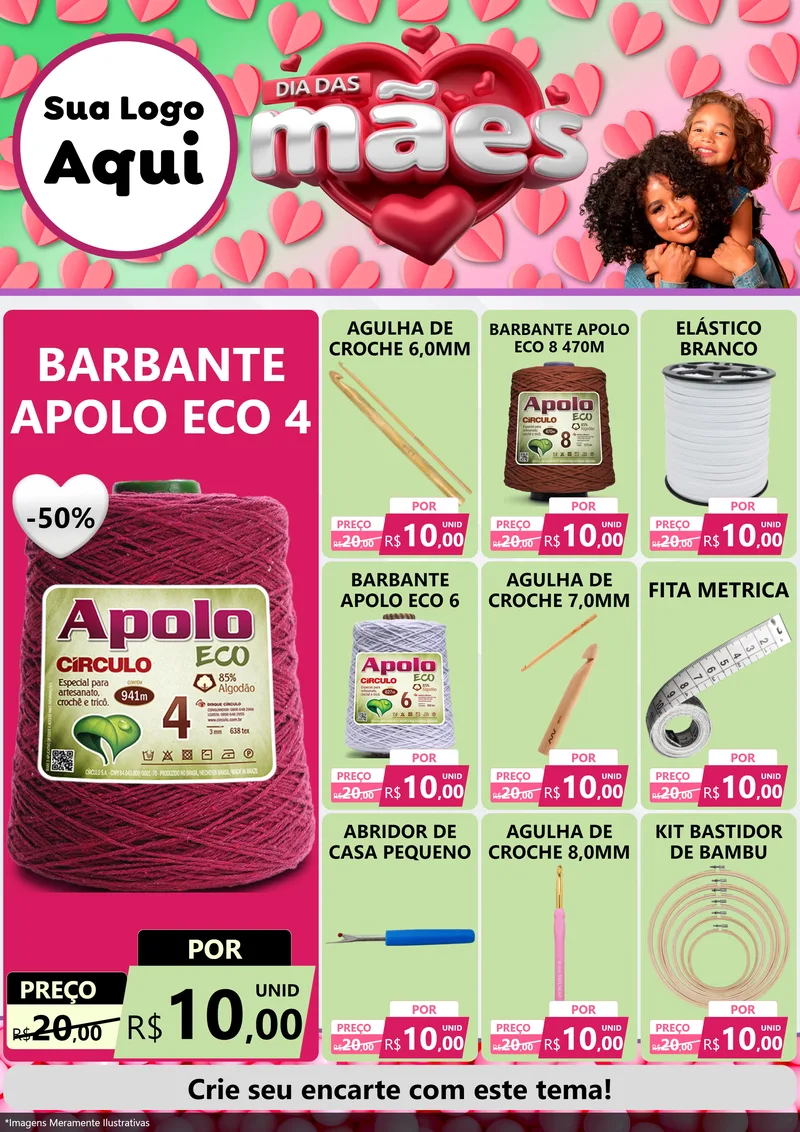 Modelo de Encarte para Encarte A4 Vertical com o tema Dia das Mães para Armarinho e Aviamentos