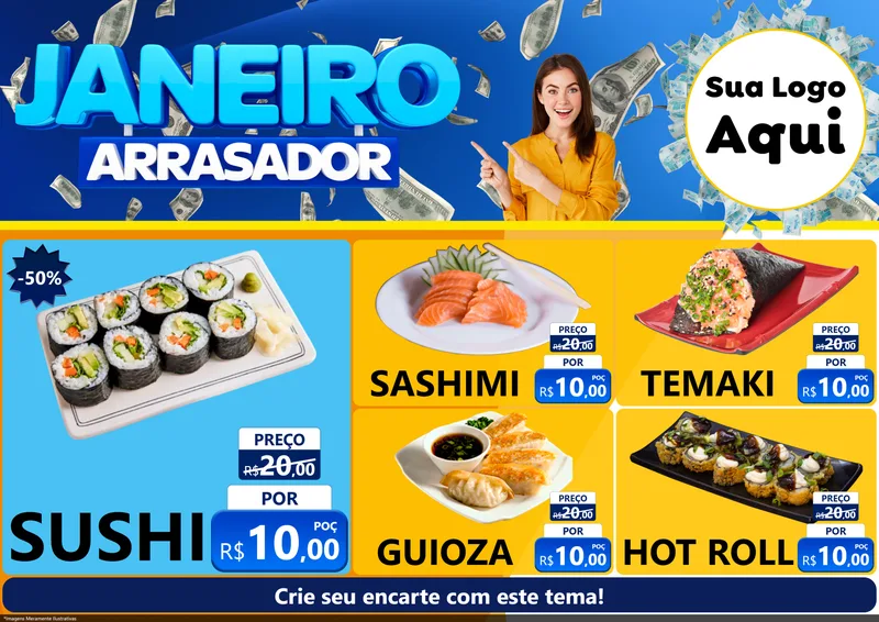 Modelo de Encarte para Encarte A4 Horizontal com o tema Janeiro Arrasador para Comida japonesa
