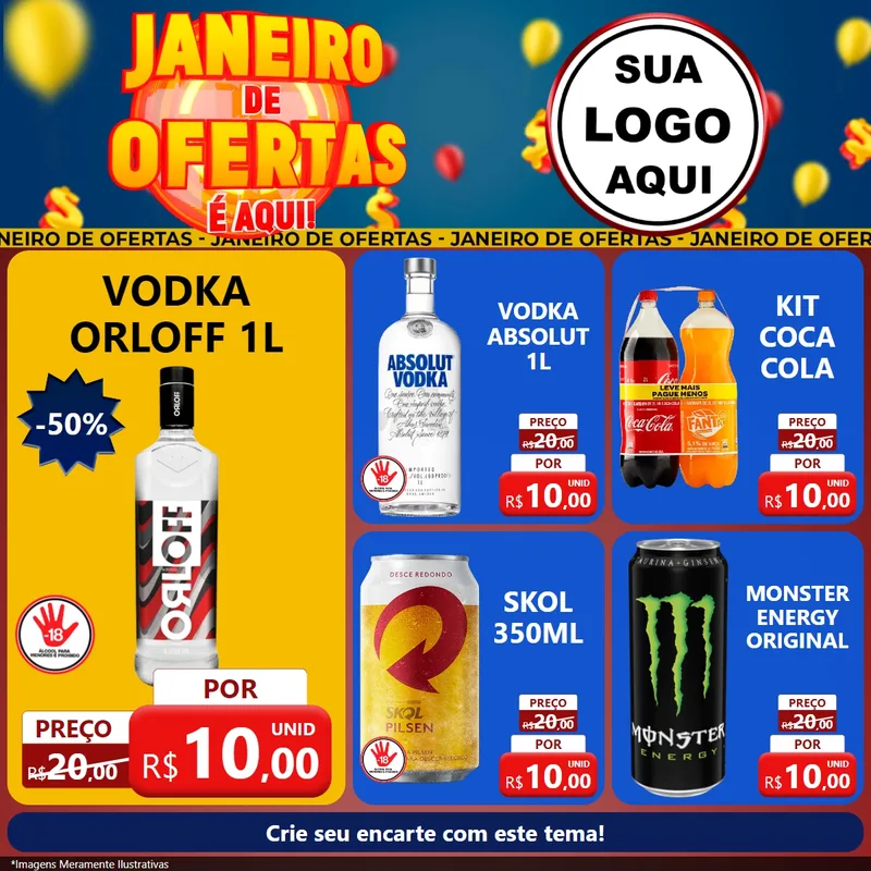 Modelo de Rede Social para Feed Facebook com o tema Janeiro de Ofertas É Aqui! para Distribuidora de bebidas