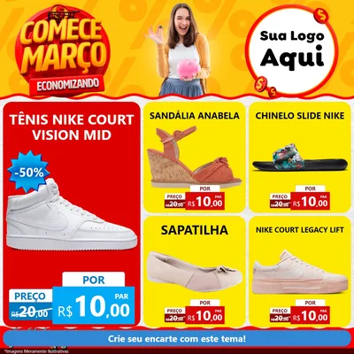 Modelo de Rede Social para Feed Facebook com o tema Comece Março Economizando para Calçados