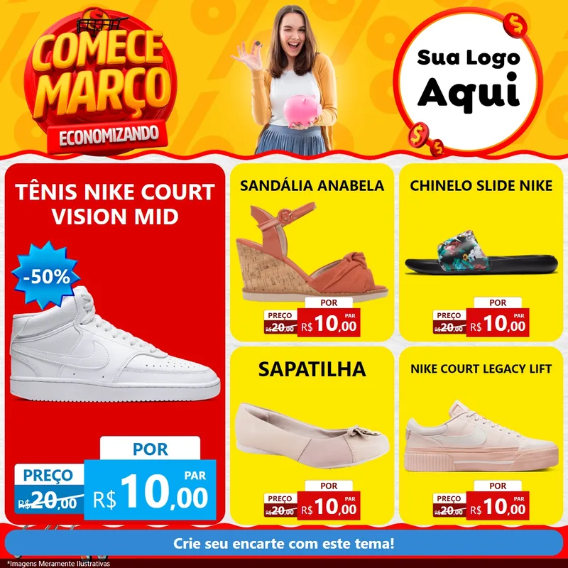 Modelo de Rede Social para Feed Facebook com o tema Comece Março Economizando para Calçados