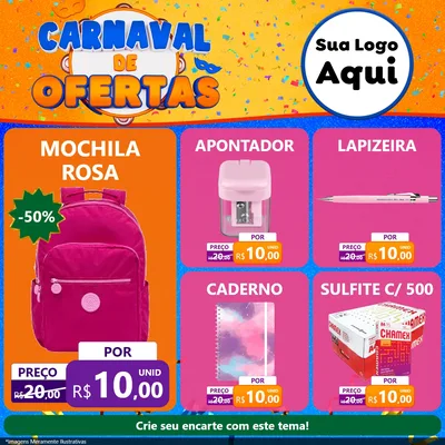 Modelo de Rede Social para Feed Facebook com o tema Carnaval de Ofertas para Papelaria