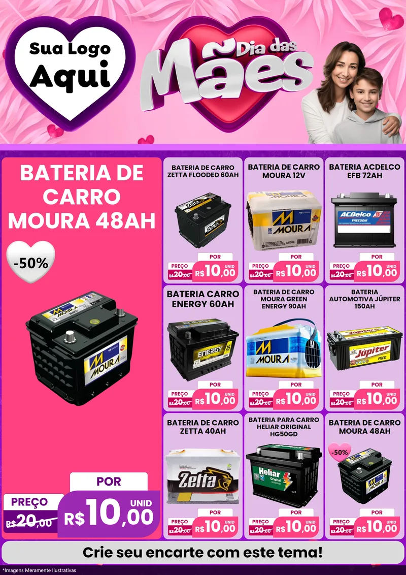 Modelo de Encarte para Encarte A4 Vertical com o tema Dia das Mães para Baterias Elétricas