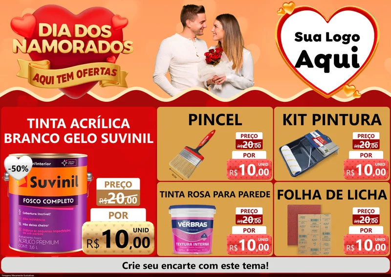 Modelo de Encarte para Encarte A4 Horizontal com o tema Dia dos Namorados - Aqui Tem Ofertas para Tintas e Ferramentas