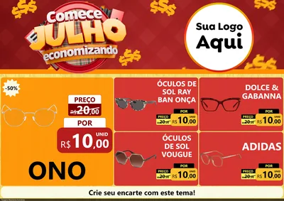 Modelo de Encarte para Encarte A4 Horizontal com o tema Comece Julho Economizando para Óticas