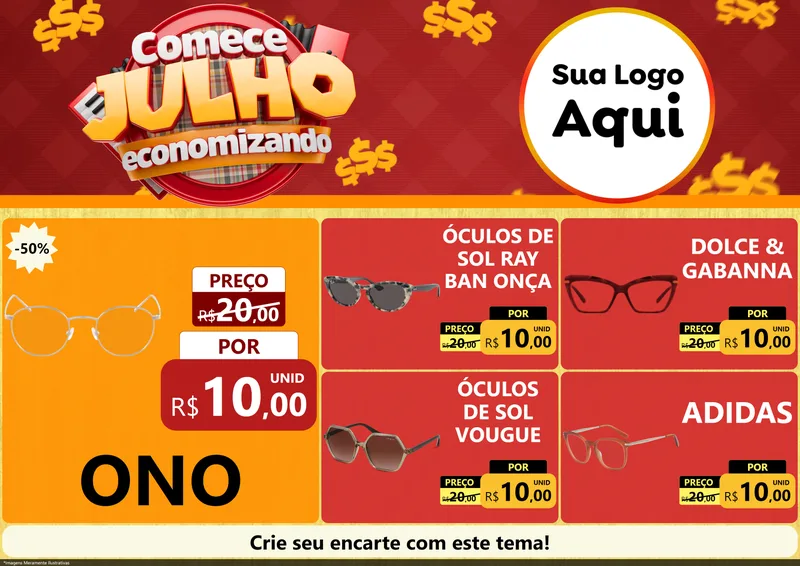 Modelo de Encarte para Encarte A4 Horizontal com o tema Comece Julho Economizando para Óticas
