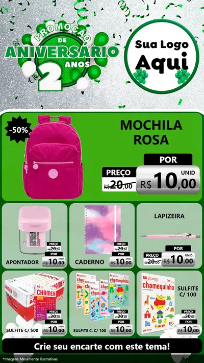 Modelo de Rede Social para Stories com o tema Promoção de Aniversário - 2 Anos para Papelaria