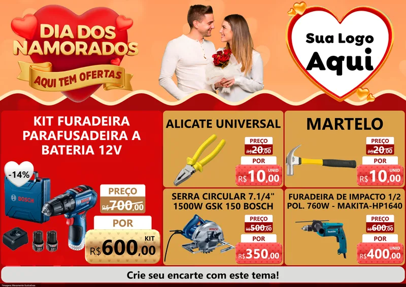Modelo de Encarte para Encarte A4 Horizontal com o tema Dia dos Namorados - Aqui Tem Ofertas para Maquinas e Ferramentas