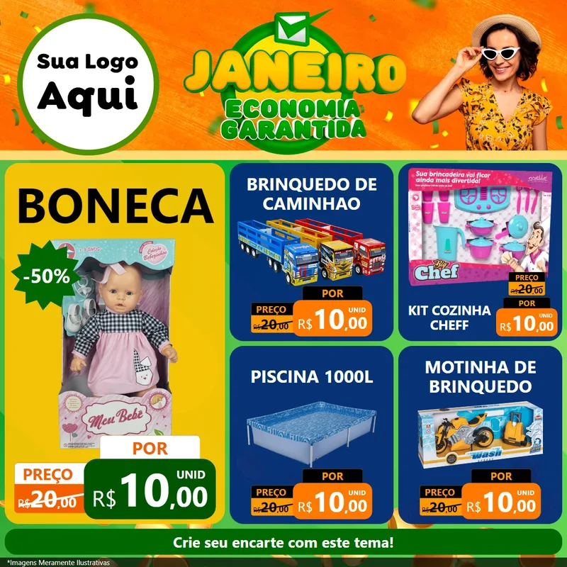 Modelo de Rede Social para Feed Facebook com o tema Janeiro - Economia Garantida para Brinquedos