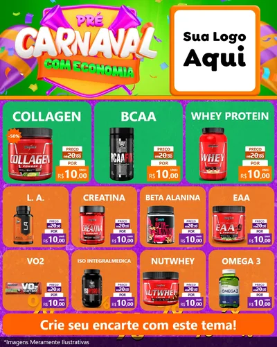 Modelo de Rede Social para Feed Instagram com o tema Pré-Carnaval Com Economia para Suplementos alimentares
