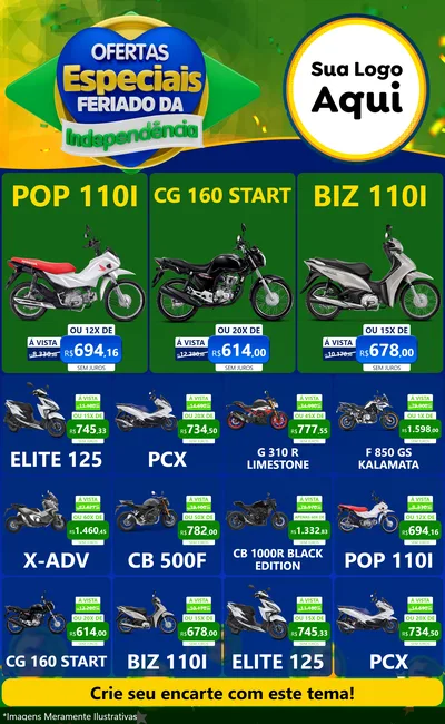 Modelo de Encarte para Encarte Grande com o tema Ofertas Especiais Feriado da Independência para Concessionaria de Motos