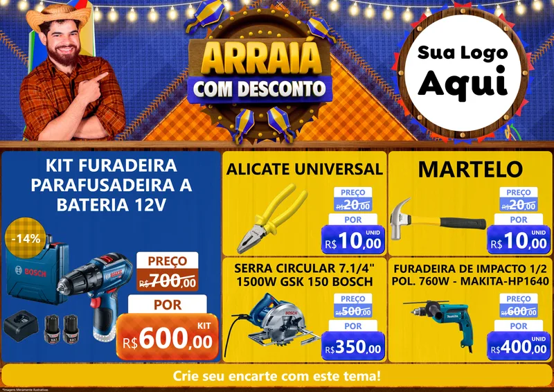 Modelo de Encarte para Encarte A4 Horizontal com o tema Arraiá Com Desconto para Maquinas e Ferramentas