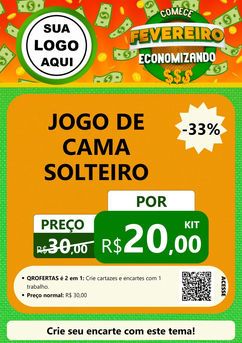 Modelo de Cartaz para Cartaz A4 Vertical com o tema Comece Fevereiro Economizando para Cama, Mesa e Banho