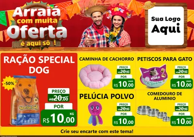 Modelo de Encarte para Encarte A4 Horizontal com o tema Arraiá Com Muita Oferta - É Aqui Sô! para Pet Shop