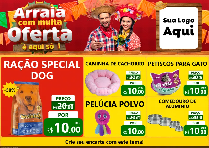 Modelo de Encarte para Encarte A4 Horizontal com o tema Arraiá Com Muita Oferta - É Aqui Sô! para Pet Shop