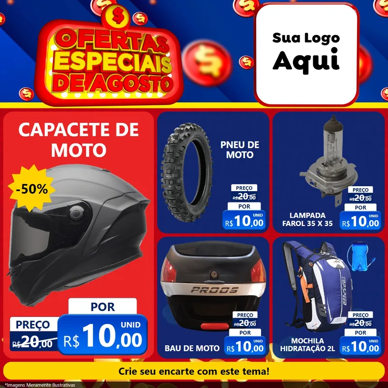 Modelo de Rede Social para Feed Facebook com o tema Ofertas Especiais de Agosto para Moto peças