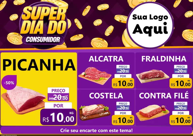 Modelo de Encarte para Encarte A4 Horizontal com o tema Super Dia do Consumidor para Açougue
