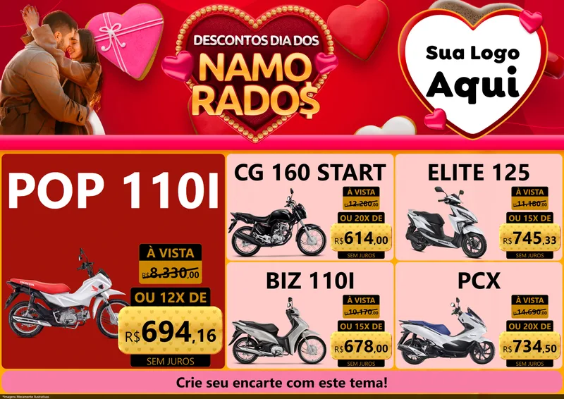 Modelo de Encarte para Encarte A4 Horizontal com o tema Descontos Dia dos Namorados para Concessionaria de Motos