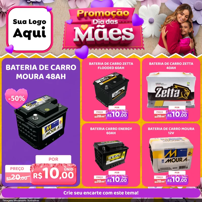 Modelo de Rede Social para Feed Facebook com o tema Promoção Dia das Mães para Baterias Elétricas