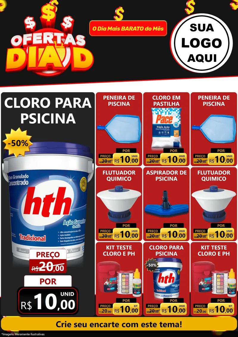 Modelo de Encarte para Encarte A4 Vertical com o tema Ofertas Dia D para Produtos para Piscina