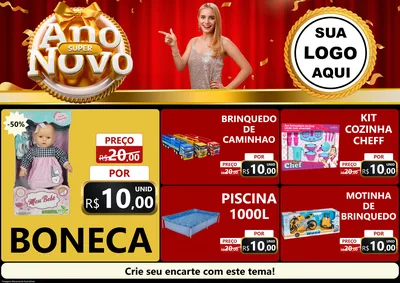 Modelo de Encarte para Encarte A4 Horizontal com o tema Super Ano Novo para Brinquedos
