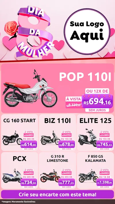 Modelo de Rede Social para Stories com o tema Dia da Mulher para Concessionaria de Motos