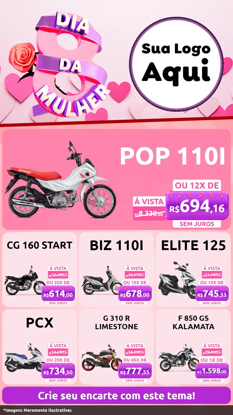 Modelo de Rede Social para Stories com o tema Dia da Mulher para Concessionaria de Motos