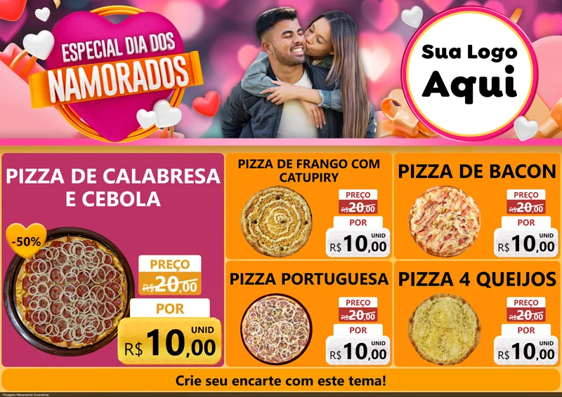 Modelo de Encarte para Encarte A4 Horizontal com o tema Especial Dia dos Namorados para Pizzaria