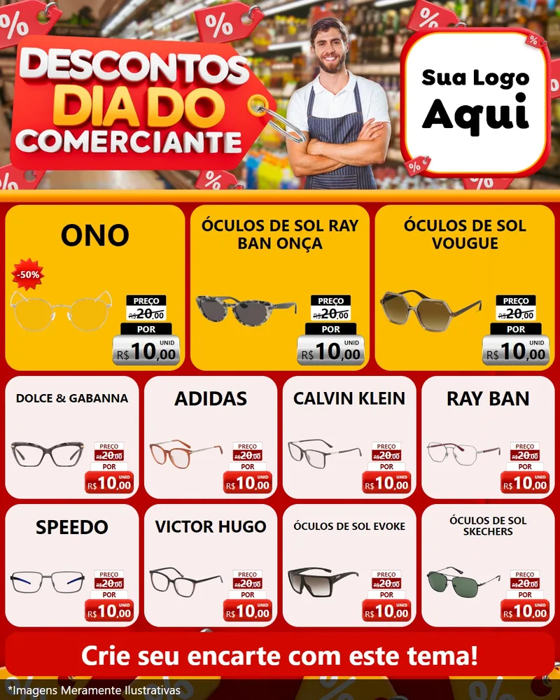 Modelo de Rede Social para Feed Instagram com o tema Descontos Dia do Comerciante para Óticas