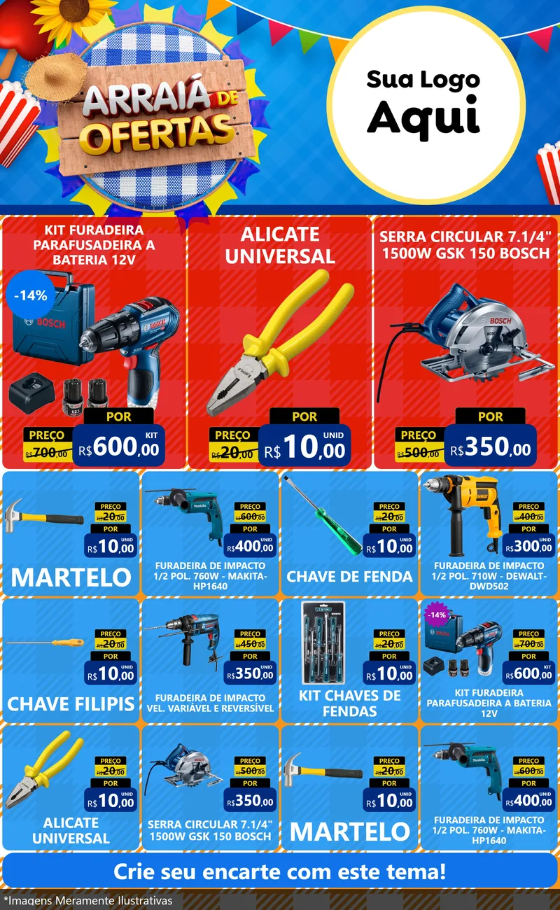 Modelo de Encarte para Encarte Grande com o tema Arraiá de Ofertas para Maquinas e Ferramentas
