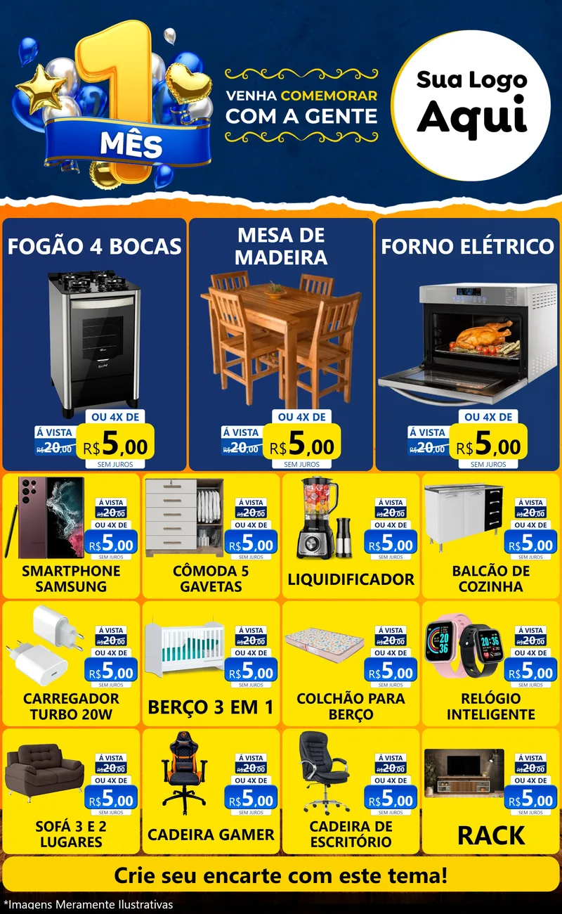 Modelo de Encarte para Encarte Grande com o tema Um Mês de Aniversário para Móveis e Eletro