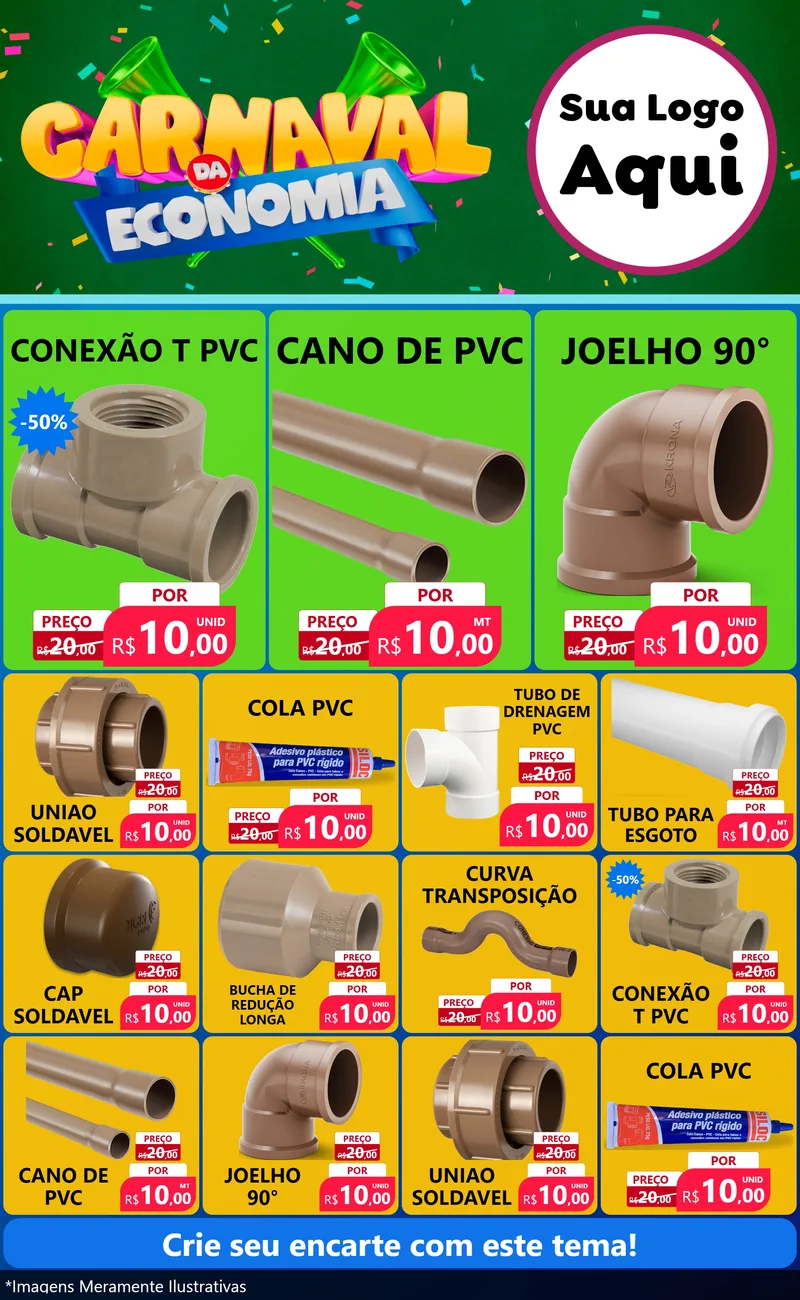 Modelo de Encarte para Encarte Grande com o tema Carnaval da Economia para Tubos e conexões