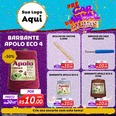 Modelo de Rede Social para Feed Facebook com o tema Pré Carnaval de Ofertas para Armarinho e Aviamentos