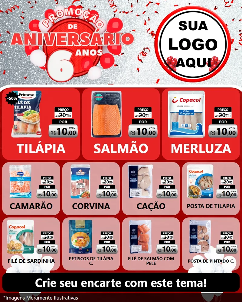 Modelo de Rede Social para Feed Instagram com o tema Promoção de Aniversário - 6 Anos para Peixaria