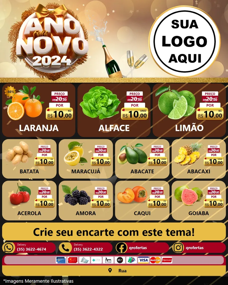 Modelo de Rede Social para Feed Instagram com o tema Feliz Ano Novo 2027 para Hortifrúti