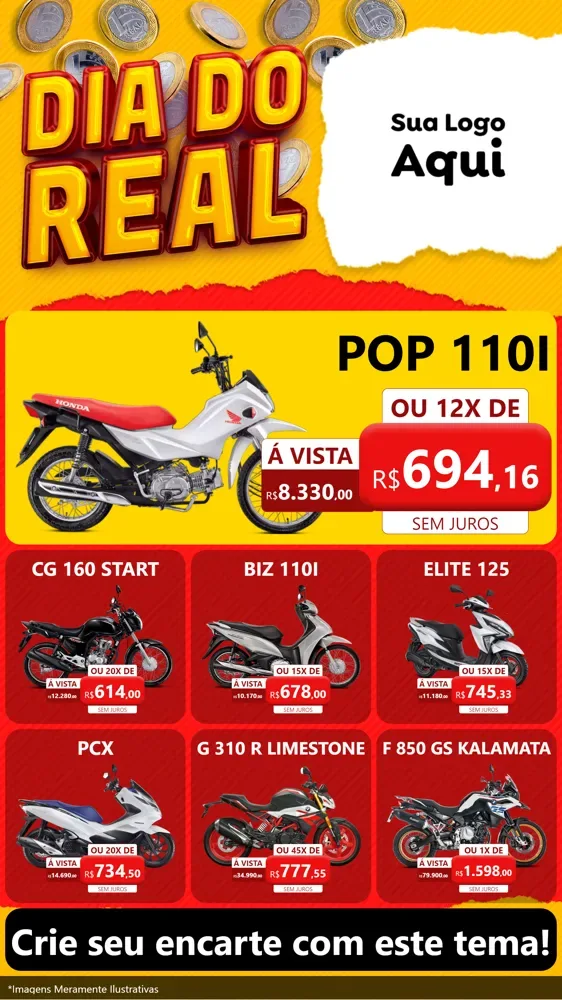 Modelo de Rede Social para Stories com o tema Dia Do Real para Concessionaria de Motos