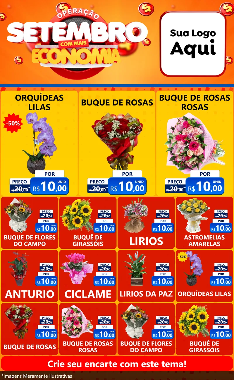 Modelo de Encarte para Encarte Grande com o tema Operação Setembro Com Muita Economia para Floricultura e jardim