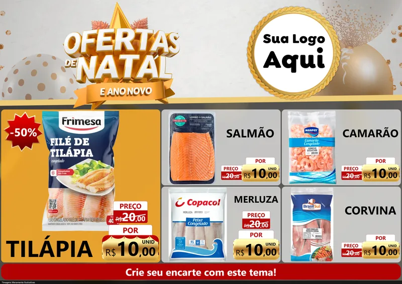 Modelo de Encarte para Encarte A4 Horizontal com o tema Ofertas De Natal E Ano Novo para Peixaria