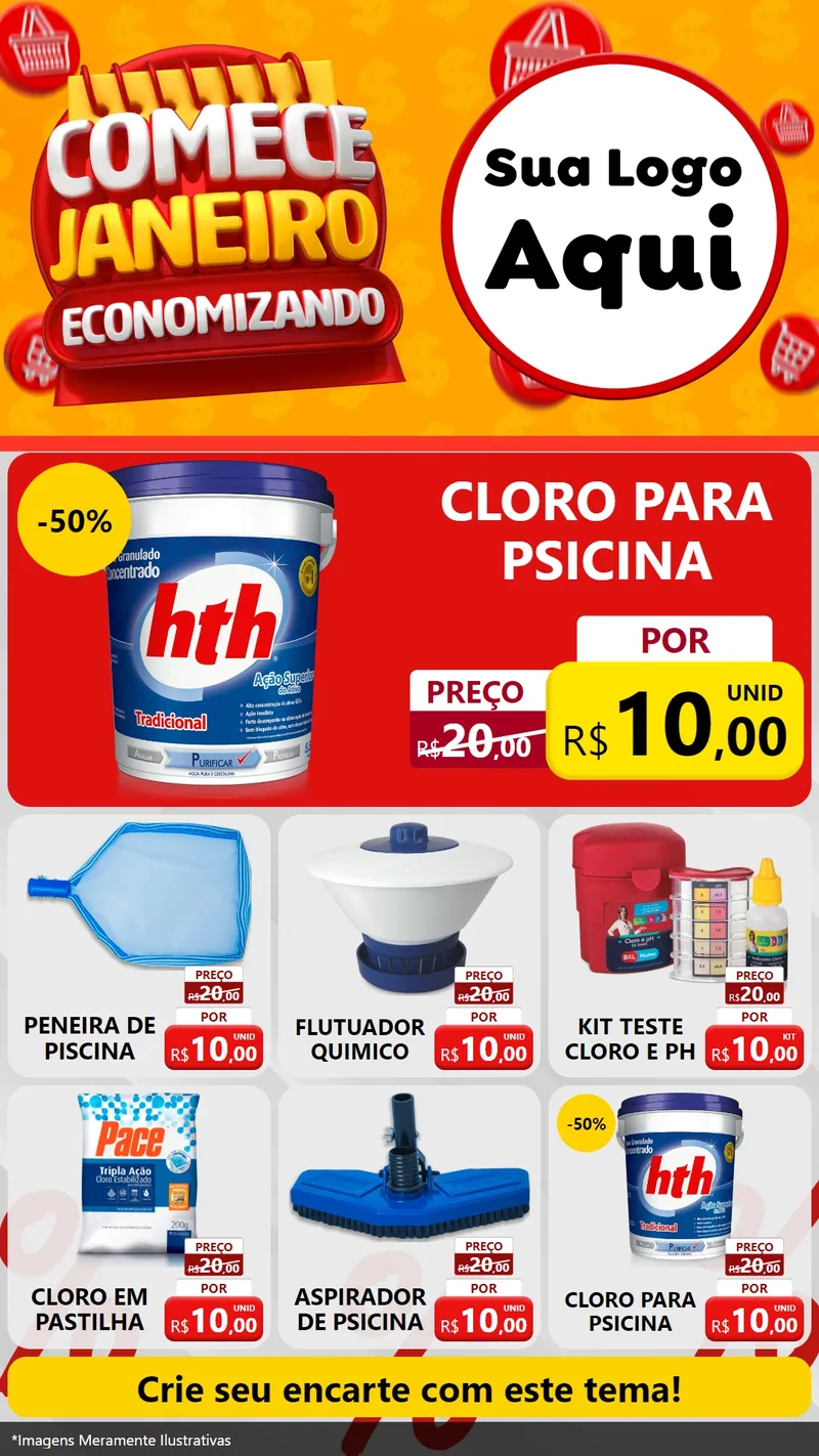 Modelo de Rede Social para Stories com o tema Comece Janeiro Economizando para Produtos para Piscina