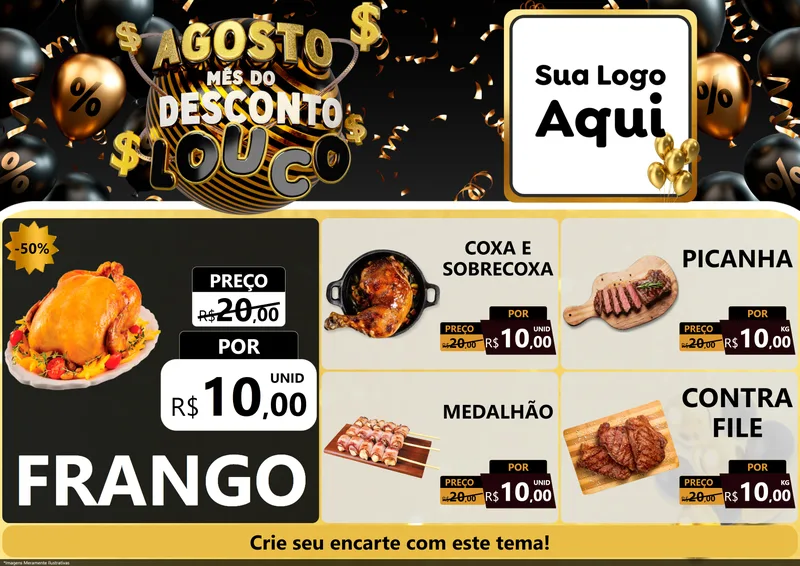 Modelo de Encarte para Encarte A4 Horizontal com o tema Agosto Mês do Desconto Louco para Assados