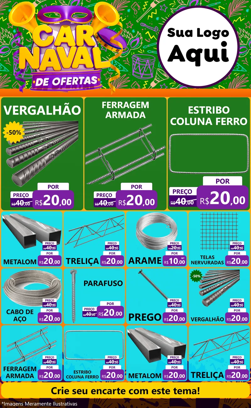 Modelo de Encarte para Encarte Grande com o tema Carnaval de Ofertas para Ferragens
